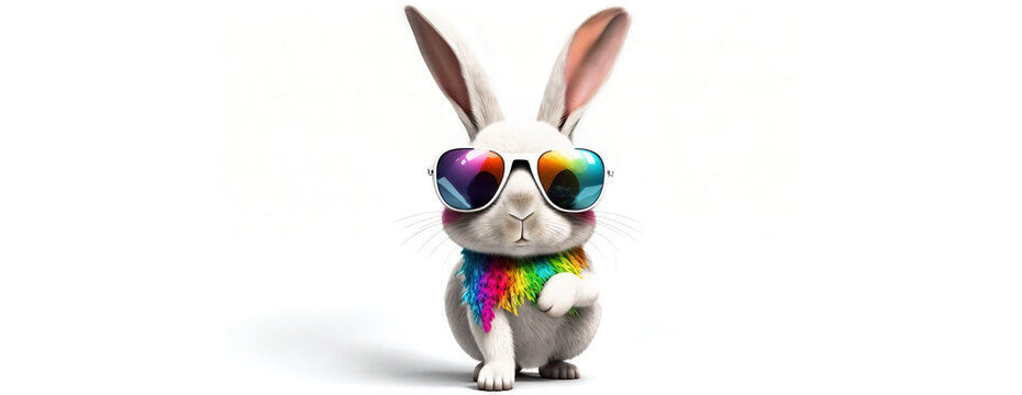 Easter bunny with sunglasses Fabulous Cool rabbit wearing rainbow shades and scarf,  white rabbit on white background with sunglasses. Image created with generative ai.