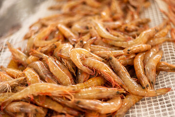close-up of shrimps (shellfish), selective focus, Delicious Food at the Fish Market: Supporting the Local Economy