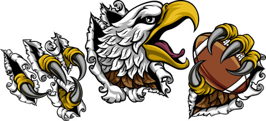 A bald eagle or hawk with claw talons holding an American football ball and ripping or tearing through the background. Sports Mascot