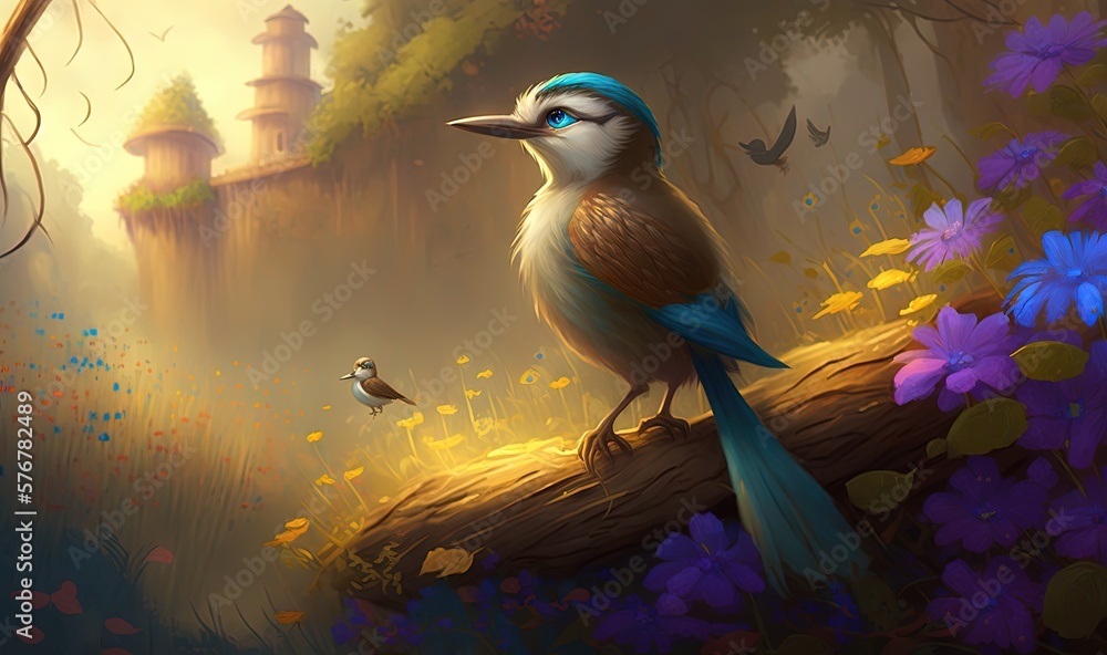 Poster a painting of a bird sitting on a log in a forest with purple flowers and a bird in the foreground w