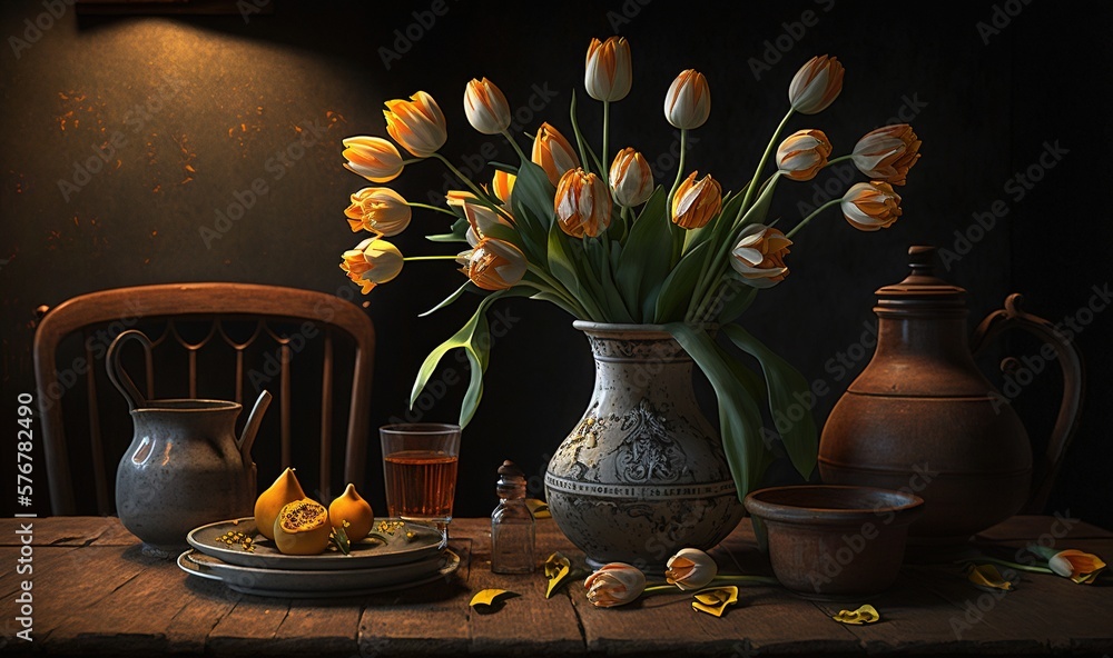 Poster a painting of a table with a vase of flowers and a plate of food on it and a pitcher of oranges and 