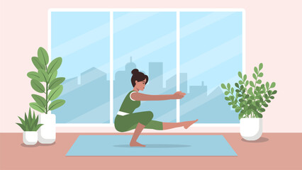 A young woman in sportswear performs a squat with one outstretched leg while maintaining balance, in a room with flowers against the background of a window. The concept of sports, exercise, healthy
