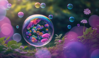 Obraz na płótnie Canvas a soap bubble floating in the air over a field of grass and flowers with pink and purple flowers in the foreground and a green and purple background. generative ai