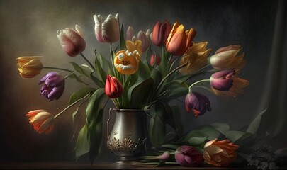  a painting of tulips and other flowers in a vase on a table with a curtain behind it and a dark background behind it.  generative ai