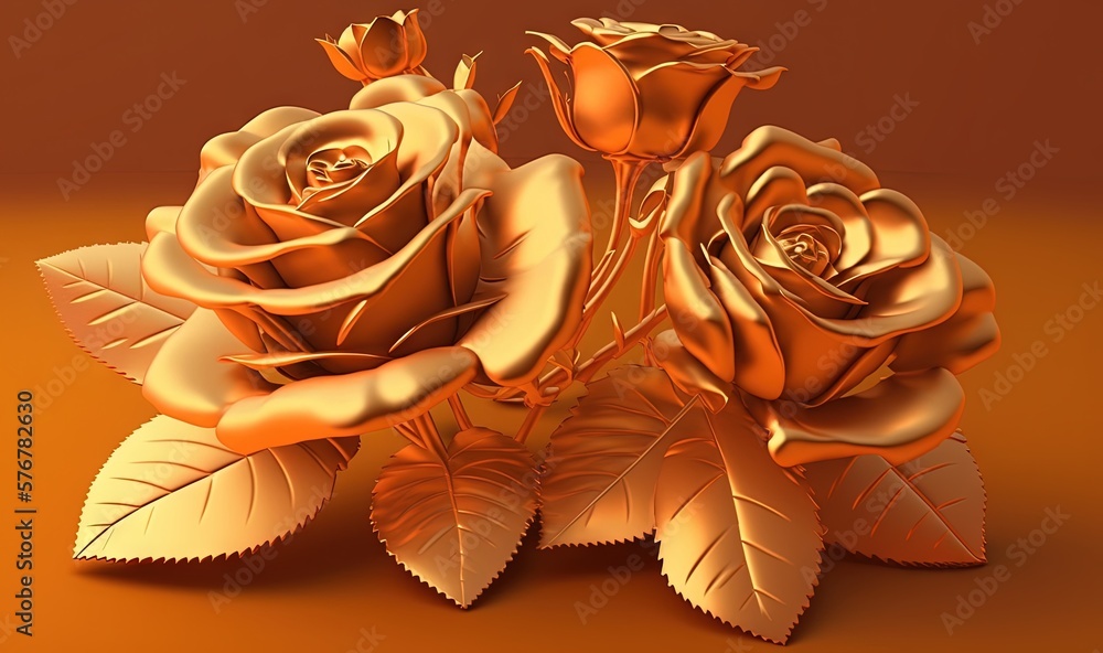 Poster three golden roses with leaves on a brown background with a light reflection on the surface of the i