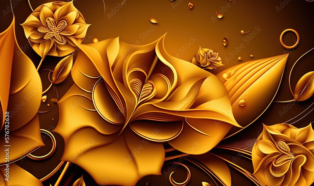 Poster a computer generated image of yellow flowers on a brown background with bubbles and drops of water o