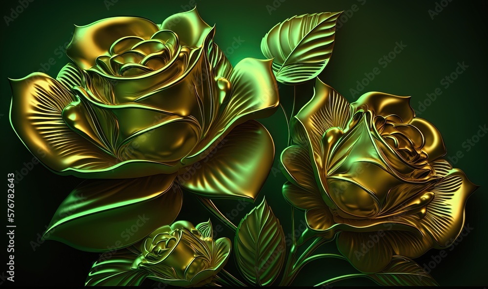 Poster a close up of a gold rose on a green background with leaves and flowers in the center of the image i