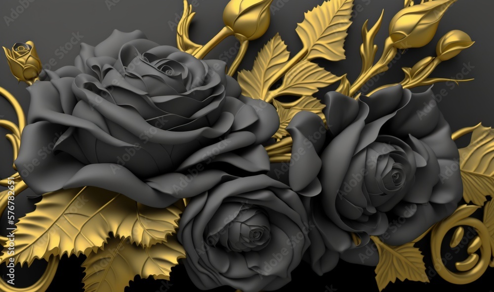 Poster a bunch of flowers that are sitting on a table with gold leaves on it and a black background with a 