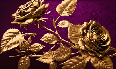  a close up of a gold colored rose on a purple background with a reflection of the rose in the water and the petals on the stems.  generative ai
