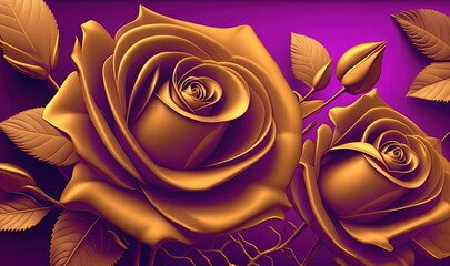 a painting of three gold roses on a purple and purple background with leaves and stems in the center of the image, with a gold frame in the middle of the middle of the image.  generative ai