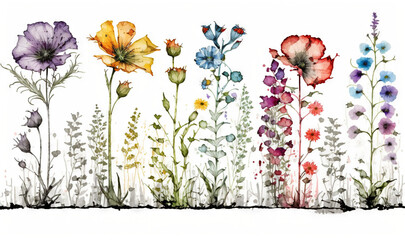  a watercolor painting of flowers in a row on a white background with a border of grass and wildflowers in the foreground.  generative ai
