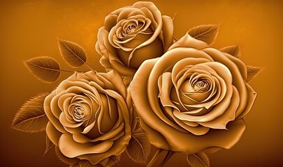  three orange roses on a brown background with leaves and stems in the center of the image, with the center of the image in the center of the image.  generative ai