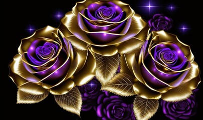  three purple roses with gold leaves on a black background with stars and sparkles in the background and a black background with a gold rose.  generative ai