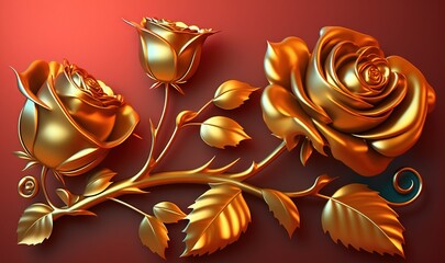  a golden rose on a red background with gold leaves and a swirly spiral on the bottom of the rose is a red background with gold leaves.  generative ai