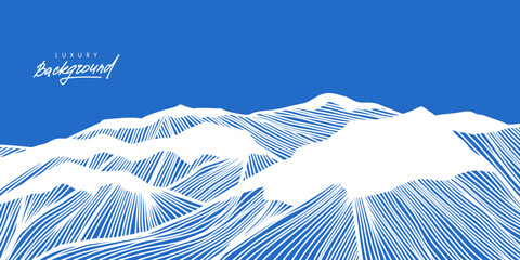 Alpine landscape. Linear Alps with peaks in snow. Banner with mountains. Line art. Linear hills with striped pattern. Minimalist japanese style background design. Vector illustration. - obrazy, fototapety, plakaty