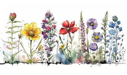  a watercolor painting of a field of wildflowers and daisies with a white background and watercolor splashes on the paper.  generative ai