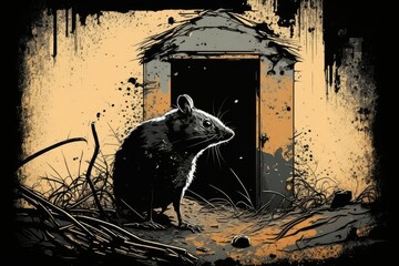 Rattus rattus, or the black rat, scavenging in an abandoned outbuilding or stable. Generative AI