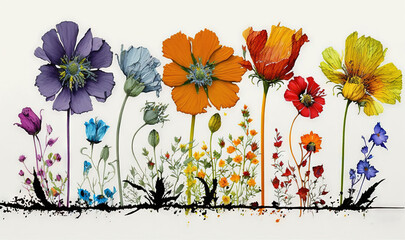  a group of flowers painted on a white background with a black strip of paint on the bottom of the picture and the bottom of the flowers painted on the bottom of the picture.  generative ai