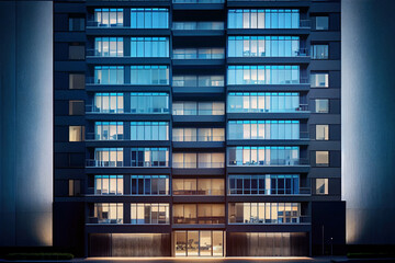 Obraz premium Contemporary apartment building exterior made of glass and concrete. Digitally generated AI image.