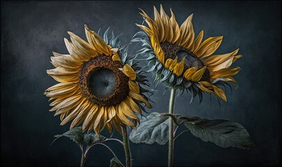  a painting of two sunflowers on a dark background with a black background and a black background with a white border and a black border.  generative ai