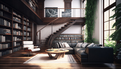 A contemporary home library with towering bookshelves, large windows, and a cozy lounge area, ideal for relaxation and study.