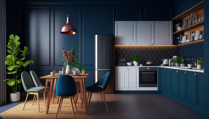 A contemporary kitchen with deep blue tones and a mix of wood and metal, illuminated by a copper pendant light.