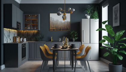 A dark-themed kitchen with golden-yellow chairs offers a bold contrast, creating a sophisticated and modern space.