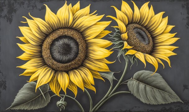  a painting of two yellow sunflowers on a black and gray background with a black border around the center of the picture and the two flowers.  generative ai