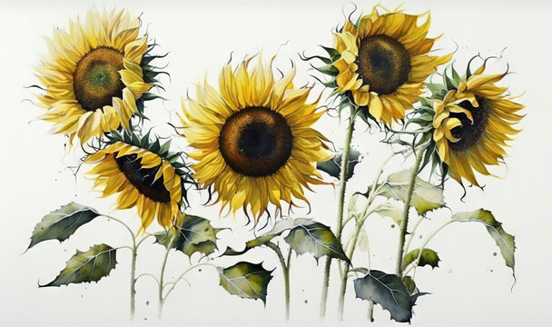  a painting of three sunflowers with leaves on a white background with watercolors on the bottom of the image and bottom half of the image.  generative ai