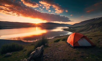 a tent is pitched up on a grassy hill near a lake at sunset with a beautiful sky in the background and a few clouds in the sky.  generative ai