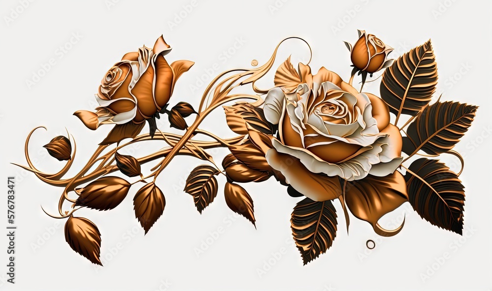 Poster a drawing of a rose with leaves on a white background with a white background and a white background