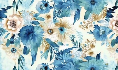  a blue and white flower pattern on a white background with blue leaves and flowers on a light blue background with white and blue flowers and leaves.  generative ai