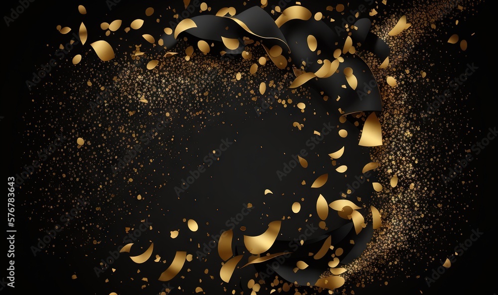 Poster a black and gold background with confetti and streamers in the middle of the frame and a black backg