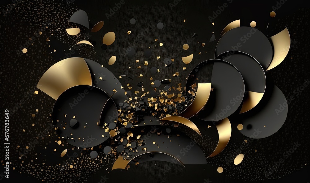 Poster a black and gold abstract background with circles and confetti on a black background with a gold con