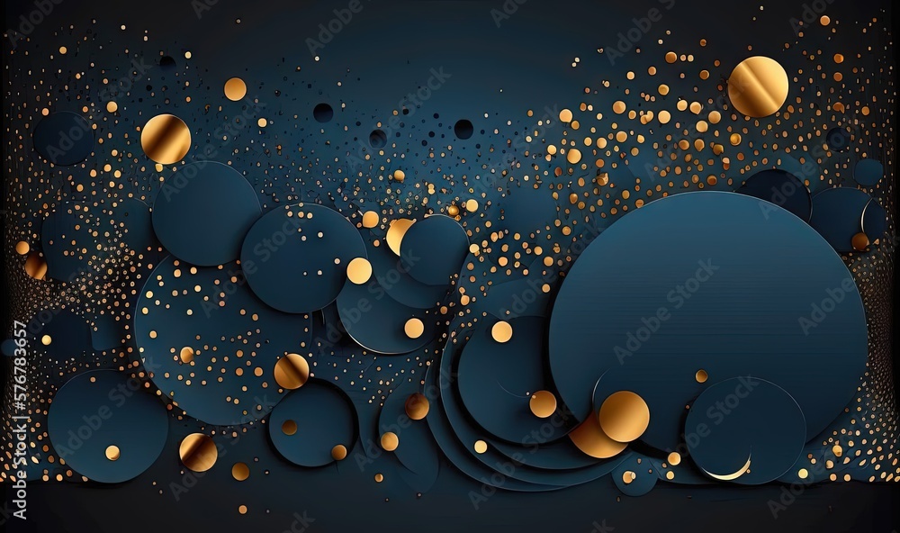 Poster a blue and gold background with circles and dots on it, and a black background with gold circles and