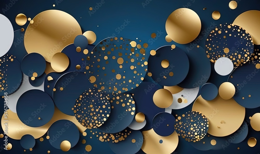 Poster a blue and gold abstract background with circles and dots on a black background with a gold and silv