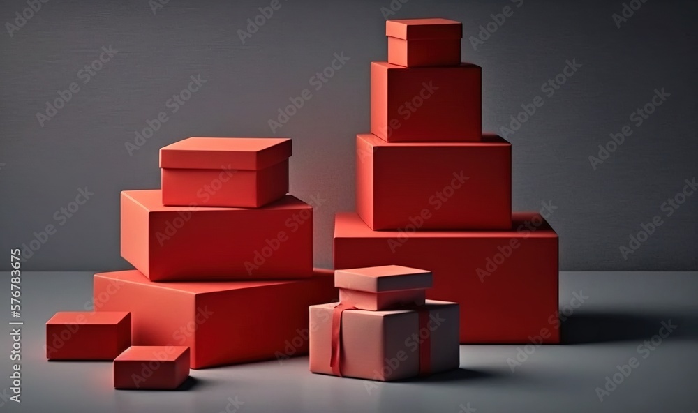 Poster  a group of red boxes stacked on top of each other on a gray surface with a gray background behind them and a gray wall behind them.  generative ai
