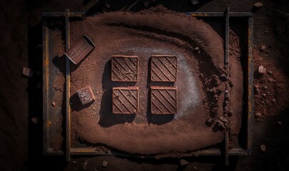  a chocolate tray with four pieces of chocolate in it and a few pieces of chocolate on top of it with a few pieces of chocolate on top of the tray.  generative ai