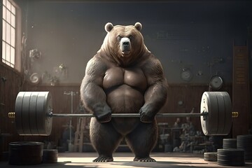 Fototapeta na wymiar Bear man does physical exercise with heavy weights in the gym. Superhuman strength. Bodybuilder trains muscles. Generative art.