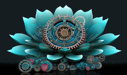  a blue flower with gears on it on a black background with a reflection in the middle of the image and a black background with a black background.  generative ai