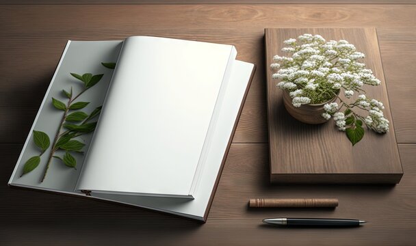  an open book with a plant and a pen on a wooden table next to a pen and a flower pot on a wooden table top.  generative ai