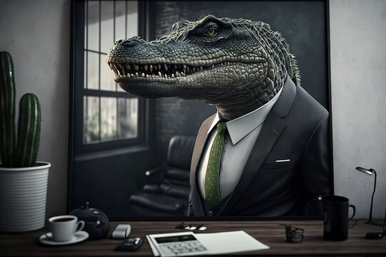Crocodile man in a business suit in the office. Businessman predator. Corporation boss. Company director. The reptile rules the world. Generative art.