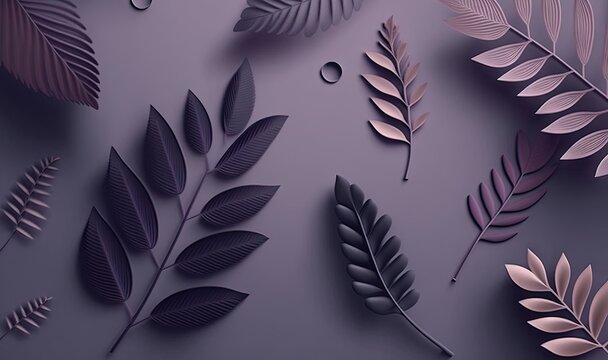  a bunch of different types of leaves on a purple background with drops of water on the bottom of the leaves and the bottom of the leaves.  generative ai