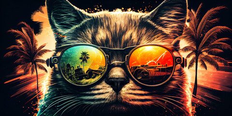 cat with sunglasses and palm trees tropicalpunk vibrant colors. Generative AI