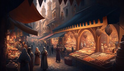 Obraz na płótnie Canvas Illustration of eastern busy bazaar in the evening. Open shop and customers. Generative AI
