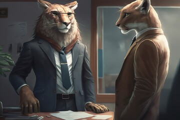 Leopard man in a business suit in the office. Businessman predator. Corporation boss. Company director. Generative art.