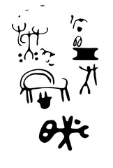 Rock petroglyphs depicting domestic animals in a pasture. Vector illustration of prehistoric rock petroglyphs discovered on the territory of Armenia