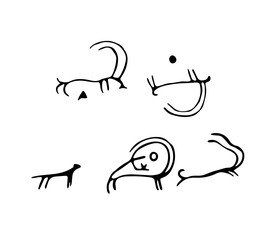 Rock petroglyphs depicting predatory attacks on livestock. Vector illustration of prehistoric rock petroglyphs discovered on the territory of Armenia