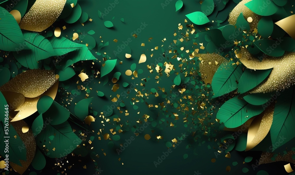 Poster a green and gold background with leaves and confetti on the edges of the image is a green and gold b