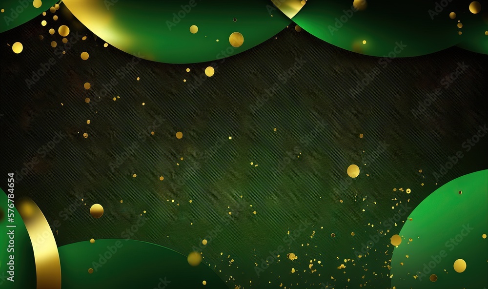 Poster a green and gold background with bubbles and gold confetti on the bottom of the image and on the bot